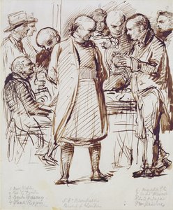 Een groep geestelijken en politici, waaronder John Keble en William Gladstone, in gesprek met de bisschop van Londen in Fulham Palace door George Richmond